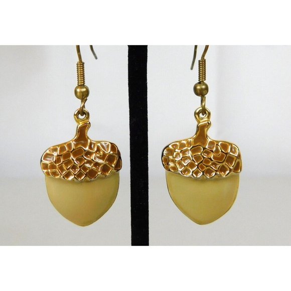 Flat Acorn Fishhook Earrings Gold Tone Beige/Tan See Item Description - Picture 2 of 6